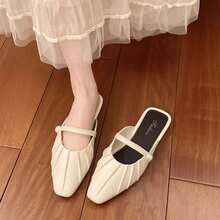 Los perezosos franceses tienen una suela plateada y plana, Baotou plisado y media zapatilla, y las mujeres usan zapatos Mueller de estilo Hada con red Roja de verano, Bailarinas de mujer - Blanco - Ver 1