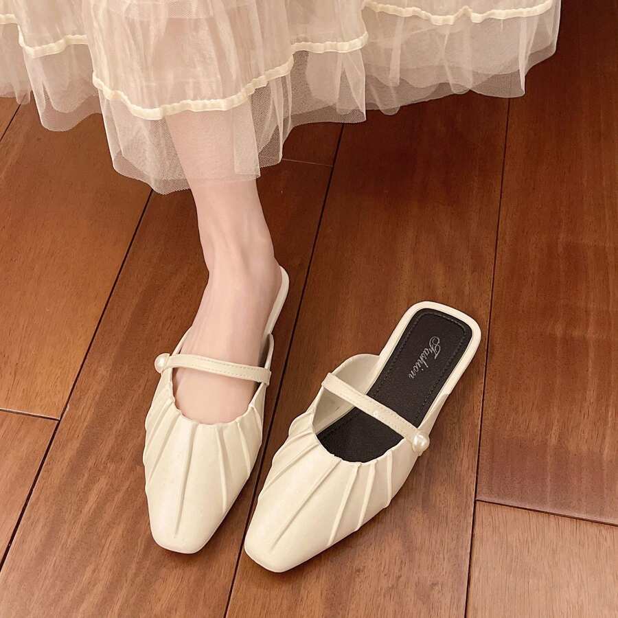 Los perezosos franceses tienen una suela plateada y plana, Baotou plisado y media zapatilla, y las mujeres usan zapatos Mueller de estilo Hada con red Roja de verano, Bailarinas de mujer - Blanco - Ver 1