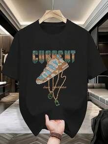 仿热钻印花男士T恤，字母和鞋子图案，时尚T恤，美观T恤，送给兄弟姐妹的礼物，送给兄弟的礼物，送给爸爸的礼物，父亲节礼物，休闲简约时尚T恤 - 黑色 - 查看 3