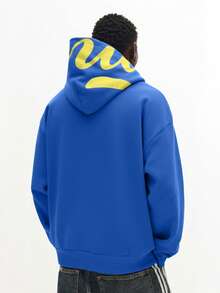 SUMWON Áo hoodie chui đầu dáng suông, có mũ in họa tiết, dây rút, túi giữa, phong cách thường ngày, áo nỉ thể thao mùa đông thu. - Màu xanh lam - Xem 2