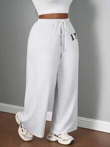 SHEIN PETITE CURVE Quần nỉ rộng rãi buộc dây phía trước đơn giản dành cho nữ cỡ lớn, mặc thường ngày - Xám - Xem 4
