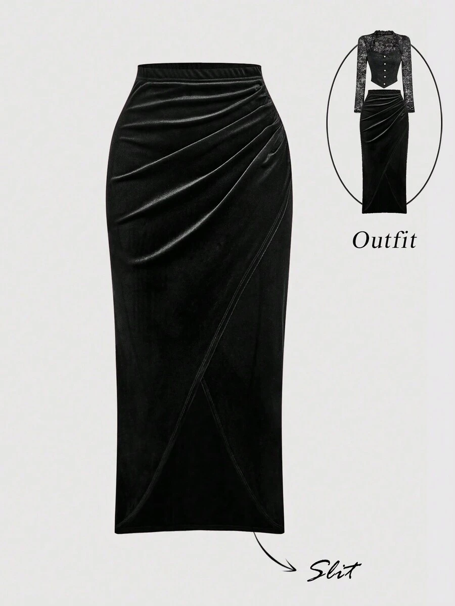 SHEIN MOD 女士不对称下摆天鹅绒半身裙 - 黑色 - 查看 1