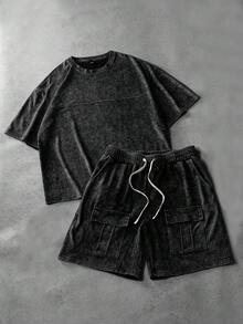 PAVTROS 男士休闲水洗复古短袖T恤短裤套装，夏季，男士，宽松，最佳，男友风，夏季，度假，Y2K，复古，朋友，水洗磨砂雪花图案面料短袖工作短裤T恤套装 - 黑色 - 查看 3