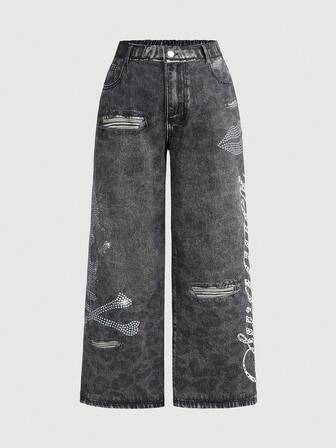 Grunge Punk Jeans a gamba larga casual lavati e consumati, arricchiti con strass, taglie comode