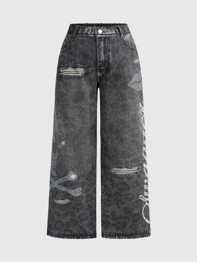 Grunge Punk Jeans de pierna ancha con lavado desgastado y adornos de rhinestones para tallas grandes