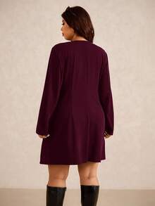 Elaquor Đầm ôm sát cơ thể tay dài thắt nơ thanh lịch cơ bản, kiểu dáng đô thị sang trọng cỡ lớn, cổ tròn, mùa thu - Màu Đỏ Sâu - Xem 2