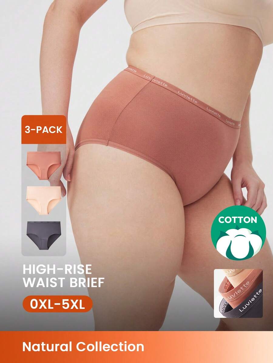 LUVLETTE Plus 3条装透气柔软纯棉高腰三角裤，女士透气内裤套装 - 粉色 - 彩色 - 查看 1