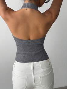 Aloruh Women's Deep V-Neck Single-Breasted Sleeveless Top, Deep Grey - Dark Grey - View 2