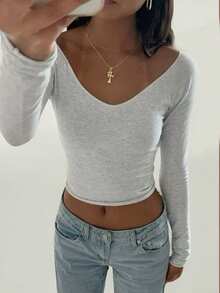 SHEIN 少女高领纯色长袖T恤，百搭基础款打底衫 - 灰色 - 查看 6