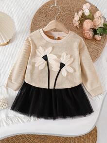 Elladie kids 2pcs/Set Toddler Girls Long Sleeve Knit Top And Mesh Skirt Set, Apricot Sweater With 3D White Flower Decor, Black Tulle Skirt, Sweet And Casual Outfit For Outdoor Play And Leisure