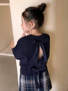 DAZY 女童圆领蝴蝶结装饰毛衣，秋季服装 - 藏蓝色 - 查看 4