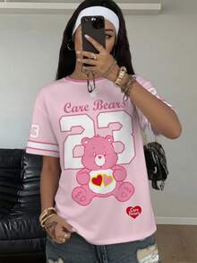 SHEIN X Care Bears 女士休闲圆领短袖粉色T恤，舒适夏季运动数字条纹衫，卡通可爱英文字母印花图案