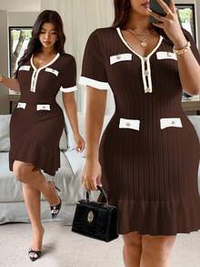 Vionelle 大码女式复古针织短袖金属纽扣腰部荷叶边下摆紧身连衣裙，优雅、时尚、百搭 - 巧克力棕 - 查看 1
