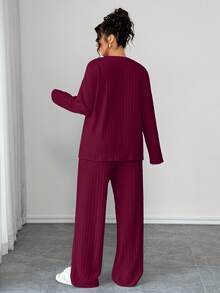 EMERY ROSE 女士加大码两件套，宽松V领长袖上衣和直筒裤，保暖质感面料，舒适家居服，适合休闲穿着 - 酒紅色 - 查看 2