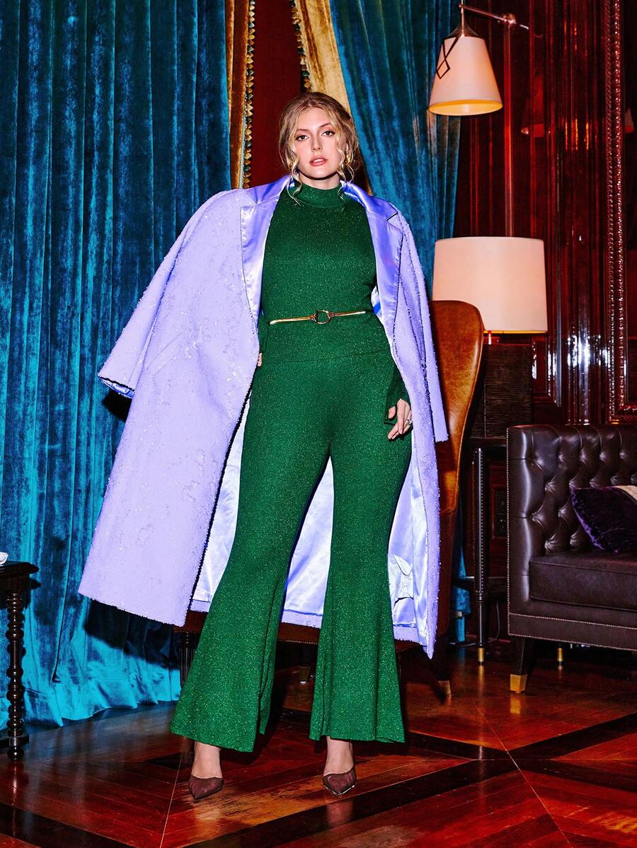 VOLUPTÉ CURVE Plus Size Winter Fall Green Knit High Neck Long Sleeve Wide Leg Fitted Belted Shiny Wool Elegant Casual Two Piece Set Pants Top For Holiday Party Work - Green - View 1