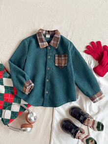 PrepCrw 男童法式优雅格子拼布前扣长袖衬衫 - 綠色 - 查看 2