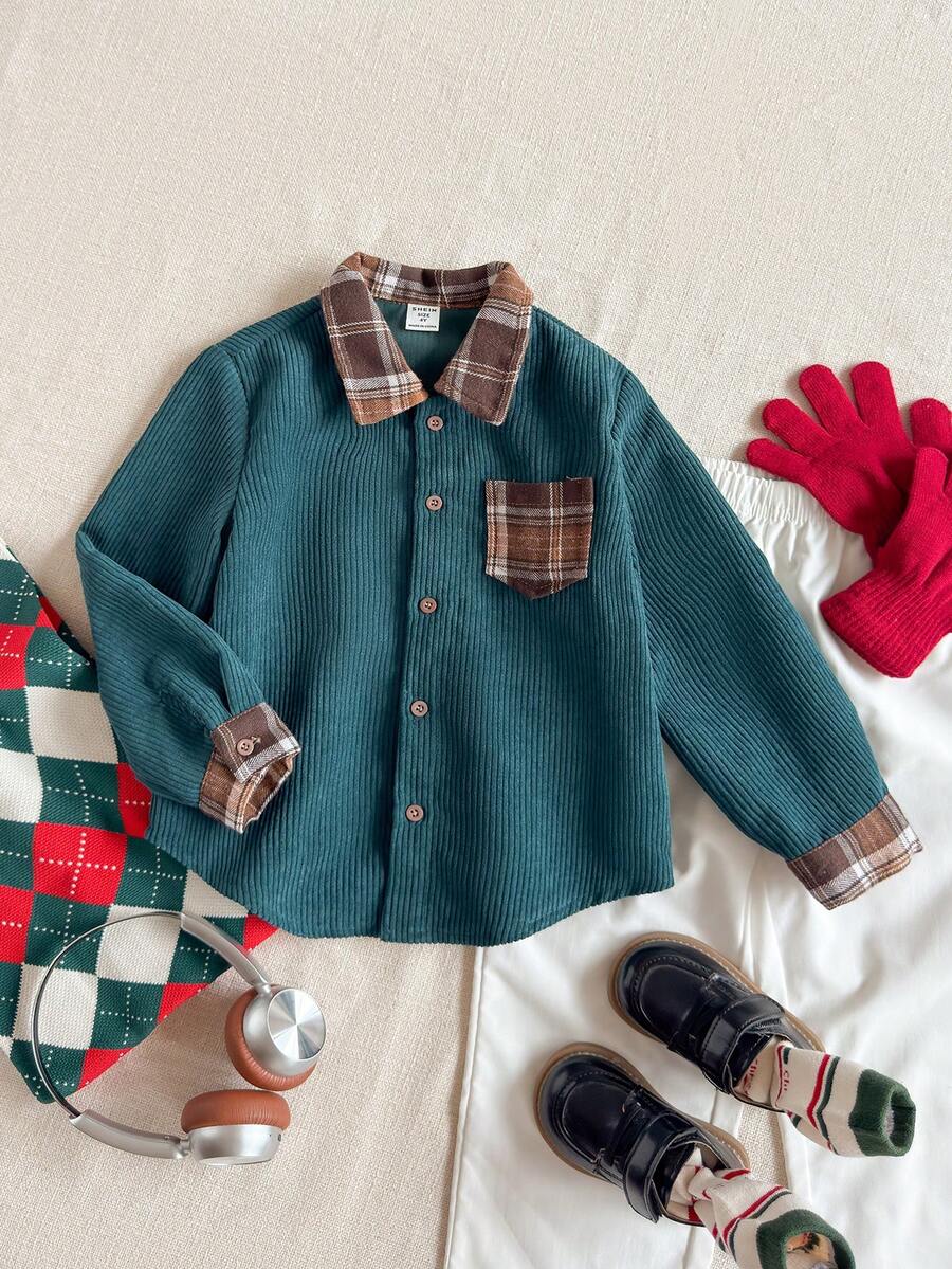 PrepCrw Young Boys' French Elegant Plaid Patchwork Front Button Long Sleeve Shirt - Green - View 1