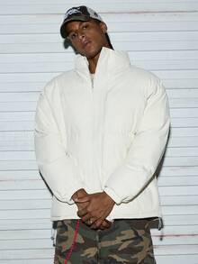 Modcrash 男士米色立领羽绒服，涤纶面料，宽松羽绒款式，绗缝设计，适合街头穿搭、冬季通勤，复古富贵风格 - 米色 - 查看 4