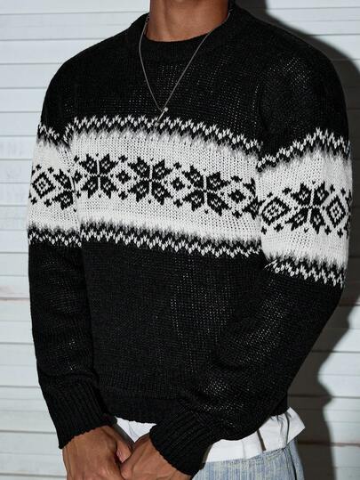 Modcrash 男士休闲百搭格子圣诞嵌花针织套头毛衣，适合春、秋、冬三季穿着。