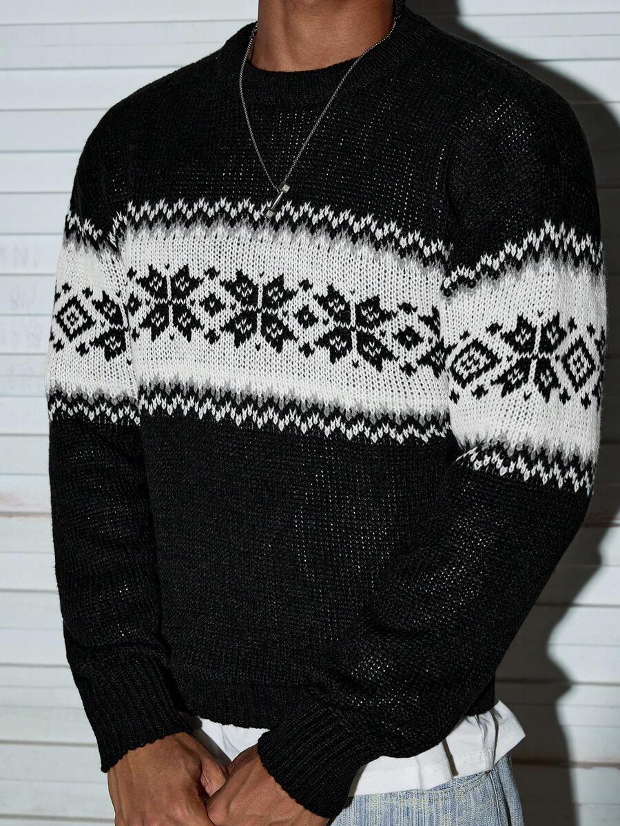 Modcrash 男士休闲百搭格子圣诞嵌花针织套头毛衣，适合春、秋、冬三季穿着。 - 黑色 - 查看 1