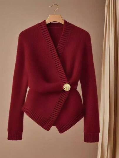 GlowEve Autumn/Winter New Metal Decor Buckle Waist Tie V-Neck Long Sleeve Casual Comfortable Fashionable Elegant Holiday Atmosphere Applicable To Multiple Occasions Women Cardigan