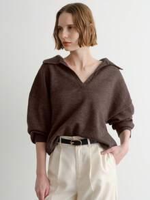 FRIFUL 女士纯色深灰色翻领落肩长袖宽松休闲百搭毛衣，秋冬款 - 棕色 - 查看 6