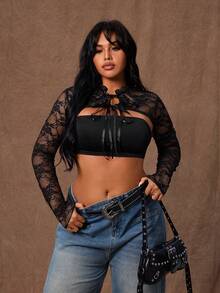 Rustia Top scurt din dantelă neagră, mărime plus, asortat cu bluză, semitransparent, versatil, mânecă lungă, legături în față, top scurt la modă