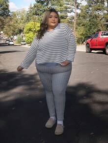 Enliva Plus Size Casual Polo Collar Striped Long Sleeve Pullover Sweater In Fall/Winter,Slightly Sheer, For Apple Rounded Body Shape - Dusty Blue - View 5