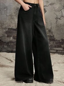 ROMWE Grunge Punk Punk Distressed Cross & Vine Washed Oversized Straight Leg Extra Long Jeans - Black - View 7