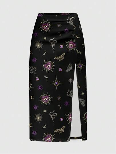 Gothic Dark Heart Cross Mysterious Eye Scorpion Black & Red Sun Moon Star Print High Slit Skirt For Women