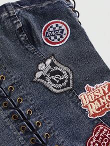 ROMWE 性感朋克摇滚图案抹胸露脐上衣，女士牛仔衬衫 - 灰色 - 查看 4