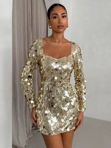 SHEIN Glamour Shiny Gold Sequin Sexy Party Cocktail Dress - Gold - View 4