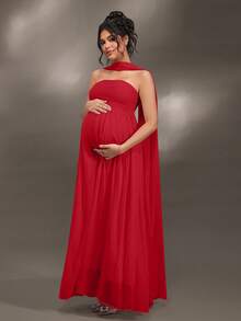 Cheriluna Maternity Elegant Ruffle Detail Solid Color Off-Shoulder Sleeveless Maternity Dress For Baby Shower, Christmas Party - Red - View 5