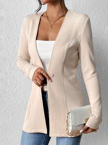 EMERY ROSE Áo blazer nữ dáng ngắn, không lót, cổ bẻ, tay dài, chất liệu mỏng nhẹ, kiểu dáng thường ngày, thích hợp cho mùa hè. - Màu be - Xem 4