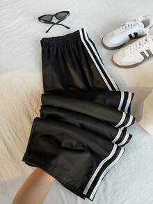 SHEIN EZwear 加大尺碼休閒黑色側邊條紋長褲