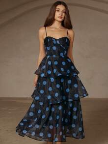 Revavyn 蓝黑波点欧根纱随机印花抹胸式腰部层叠荷叶边下摆优雅浪漫复古法式吊带连衣裙 - 彩色 - 查看 3
