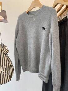 INAWLY Suéter de unicolor bordado de estilo simple para mujer, primavera/otoño - Multicolor - Ver 3