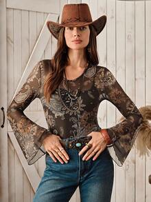 Wildy Women's Casual Country Paisley Retro Pattern Basic Long Sleeve Blouse With Bell Sleeves - Multicolor - View 4