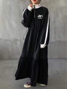 FRIFUL Women's Striped & Letter Print Zip-Up Long Sleeve Dress - Black - View 6