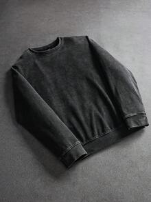 SLATEMANN Manfinity Streetrush 复古水洗休闲圆领运动衫男士街头时尚水洗长袖深灰色棉质运动衫，适合送给朋友、丈夫、男朋友的礼物，适合秋季 - 黑色 - 查看 1