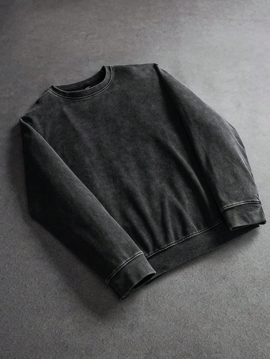 SLATEMANN Manfinity Streetrush 复古水洗休闲圆领运动衫男士街头时尚水洗长袖深灰色棉质运动衫，适合送给朋友、丈夫、男朋友的礼物，适合秋季 - 黑色 - 查看 1