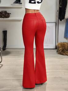 Jeanoix Y2K Fashion Casual V-Waist Low-Rise Coated Flare Pants - Red - View 2
