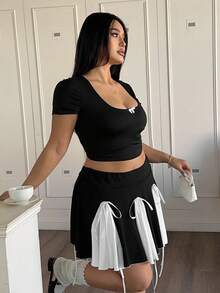 POPSWAY Plus Size Casual Cinched Waist Contrast Color Patchwork A-Line Skirt Shorts - Black and White - View 6
