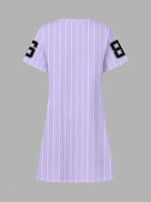 SHEIN Leap Crew 学院风紫色条纹印花运动街头风连衣裙，86号，少女休闲简约短袖连衣裙，适合夏季穿着，街头潮流，休闲校园运动风，户外野餐，郊游，街头摄影，居家，校园 - 彩色 - 查看 3