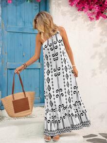 Vivid Eden 度假风印花宽松单肩长裙，夏季服装，情人节，女士度假装，女士沙滩装，节日，浪漫，波西米亚风，甜美，狂欢节服装，热带度假女装，嘉年华 - 白色 - 查看 4