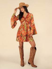 Coeurva Váy in họa tiết cổ chữ V cổ điển có tay chuông dành cho nữ, hoàn hảo cho kỳ nghỉ - Nhiều màu - Xem 5