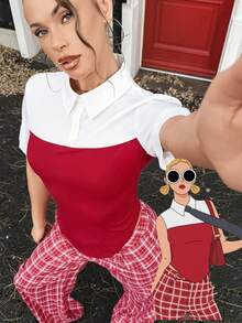 Chiquease Áo thun dệt kim tay ngắn cổ bẻ màu đỏ và trắng thanh lịch, gợi cảm, tương phản dành cho nữ, mùa xuân/thu - Đỏ và trắng - Xem 3