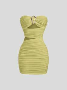 Sweetra 女士性感修身无肩带迷你连衣裙，配金属扣 - 橄欖綠 - 查看 3