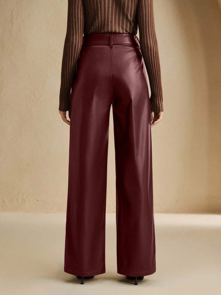 Women's Red Belted Slim Fit Straight Leg Long Faux Leather Pants, Fashionable For Party, Thanksgiving, Christmas