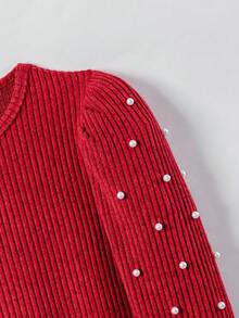 Sparklyn Tween Mädchen Kleid im Teenager-Alter mit Rundhalsausschnitt, Puffärmeln und Dekor mit Kunstperlen - Rot - Übersicht 3